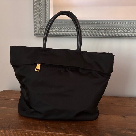 Vintage Prada Tessuto Nylon Tote – Black with Gold Hardware, Classic Logo - Picture 7 of 8